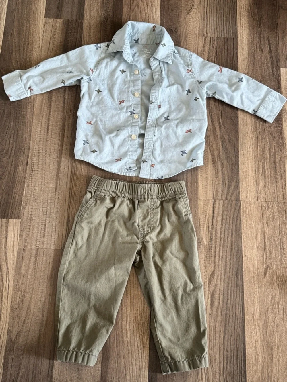 Carter’s Airplane Button-Up Shirt & Olive Pants Set